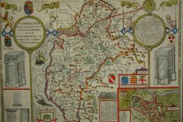 After John Speed (1552-1629), a 19th century hand coloured engraved map of Cumberland, framed and