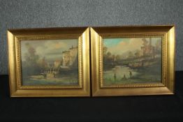 A pair of 19th century Continental School oils on board, a river scene and a townscape, each