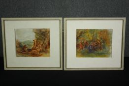 A pair of 19th century Continental School watercolours, figures in woodland settings, framed (only