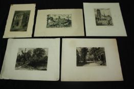 A group of five 19th century etchings, various landscapes and buildings, indistinctly signed in