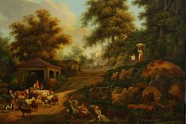 A 19th century Continental school oil on canvas, figures in a bucolic landscape. H.56 W.66cm.