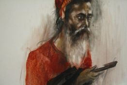 TR16301 † Jamal Ahmed, (b.1955), a pastel portrait of a middle eastern man, holding an umbrella,