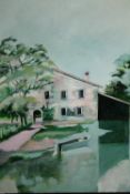 Diana Boyd, pastel, a lakeside house. H.36 W.25cm.