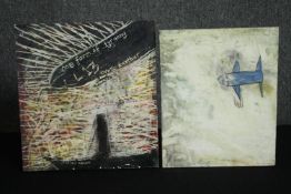 STOT21stCplanB (Harry Adams), two oil and caustic paint on boards: one of a zeppelin over a