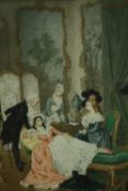 A 19th century framed and glazed watercolour, salon interior with figures, indistinctly signed. H.41