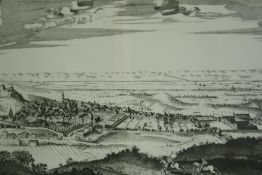 A lithograph of Edinburgh after an 18th century engraving, framed and glazed. H.50 W.70cm.