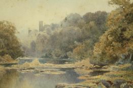 Arthur Tucker (British 1864-1929) watercolour, distant view of Durham cathedral from the river Wear,