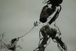 Joy Griffiths, an ink sketch, woman walking a spaniel, signed, framed and glazed. H.31 W.36cm.