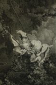 A print after Fragonard's 'The Girl on the Swing', framed and glazed. H.84 W.67cm.