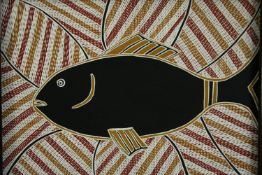 Aboriginal art, acrylic fish study, framed and glazed. H.49 W.60cm.