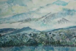 Diana Boyd, gouache, landscape with distant mountains, signed Di, framed and glazed. H.48 W.61cm.