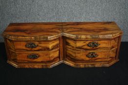 A late 19th century continental olivewood dressing table top set of drawers. H.22 W.75 D.23cm.