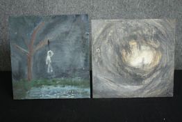 STOT21stCplanB (Harry Adams), two oil and caustic paint on boards: Bad Painting, Bad Man, Bad End