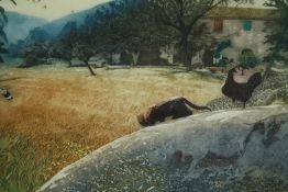 A limited edition etching, a rural setting with farm house, cat and chicken, signed in pencil Robert