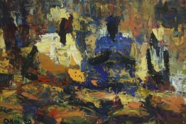 A framed and glazed acrylic painting, figures in a group, signed and dated Victor Odoi. H.41 W.52cm.