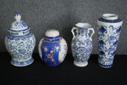 A Victorian ginger jar along with three Chinese blue and white vases. H.38cm. (largest).