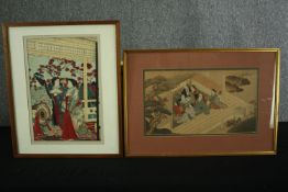 A Japanese 19th century woodblock print, Geishas, along with a woodcut, figures in an interior. H.51