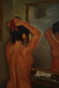 Giuseppe Manoni (1922-2001) oil on board, nude figure in front of a mirror, signed. H.56 W.46cm.
