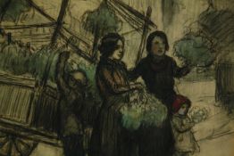 Charles Jodelet (1883-1969), charcoal and watercolour study, Paris Market, signed with label to