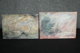 STOT21stCplanB (Harry Adams), two oil and caustic paint on boards: Going Down and Man With Knife,