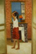 Christian Dalibert (b.1946), oil on canvas, figure of a woman in an interior, signed. H.58 W.41cm.
