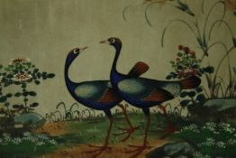 A 19th century pith painting, Chinese school, two exotic birds H.38 W.48cm.