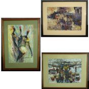 Three framed and glazed acrylic paintings, African figural and landscape studies, signed Victor