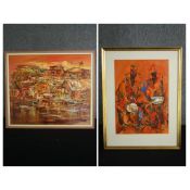 A framed and glazed acrylic painting, Terracotta Village H.84 W.97cm along with a framed and
