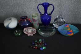 A group of mid 20th century glass, including a twin handled blue amphora shaped vase, a Murano