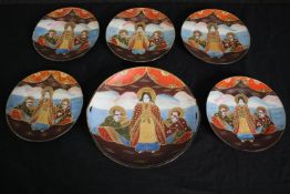 A vintage hand decorated Japanese dinner plate and five matching side plates. Dia.25cm. (largest).