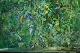 An acrylic on canvas, African forest, signed Samkobee. H.77 W.102.