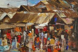 An acrylic on canvas, African village scene, signed and titled to the reverse. H.47 W.61cm.