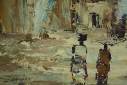 A framed and glazed acrylic study, African village with figures. H.42 W.52cm.