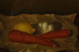 Giuseppe Manoni (1922-2001) oil on board, still life with carrots, lemon and garlic, signed. H.41