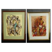 Two framed and glazed acrylic paintings, African figural studies, signed Samkobee. H.41 W.54cm and