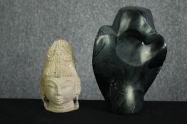Moses Masaya (1947-1995), black hardstone, a stylized bird, together with a limestone portrait