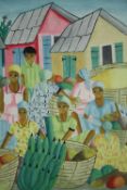 Follower of Marcel Valcin, oil on canvas, crowded Haitian marketplace scene, signed. H.43 W.34cm.