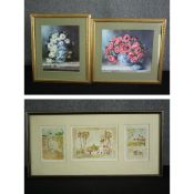 A pair of vintage still life prints and three Impressionist style etchings in a single frame. H.50