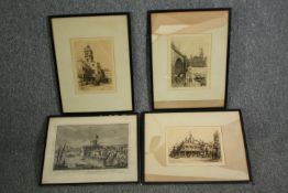 A group of four engraved prints, various locations including the Old Fortress of Livorno Italy, St