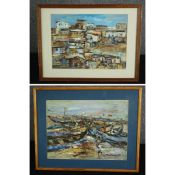 Two framed and glazed acrylic paintings, African townscape and fishing boats, signed Samkobee. H.