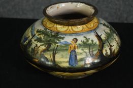 A 19th century Italian Faience majolica pot, hand decorated. H.13 Dia.20cm.