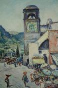 A mid 20th century oil on canvas, continental school, provincial townscape with clock tower,