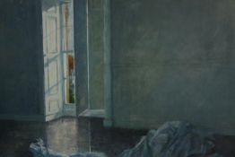 Jane Corsellis (b.1940), oil on canvas, crumpled sheet in an interior, gallery label to the reverse.