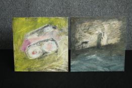 STOT21stCplanB (Harry Adams), two oil and caustic paint on boards: 'Angry Tit Wank War Machine'