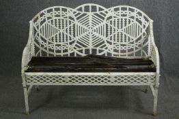 A Bilston Foundries cast iron garden bench designed by Edward Bawden, white painted with geometric