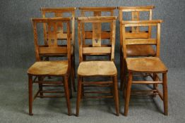 A set of five 19th century elm and beech chapel chairs, and another similar. H.83cm.