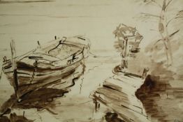 A sepia watercolour, a moored boat, signed A. Orsi, framed and glazed. H.43 W.56cm.
