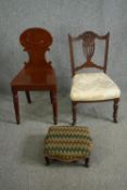 A Regency mahogany hall seat along with a 19th century footstool and dining chair. H.84cm. (