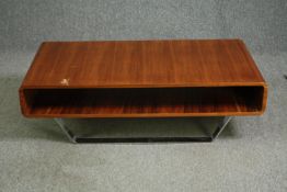 A mid 20th century style teak coffee table on chrome supports. H.36 W.120 D.60cm.