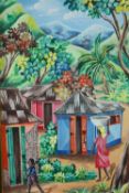 Oil on canvas, A Haitian rural village scene with mountains. H.49 W.28cm.